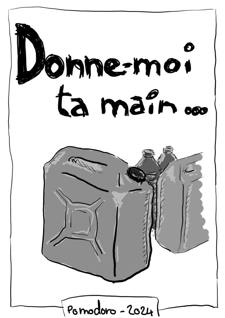 dessin en noir et blanc représentant des bidons et bouteilles de carburant